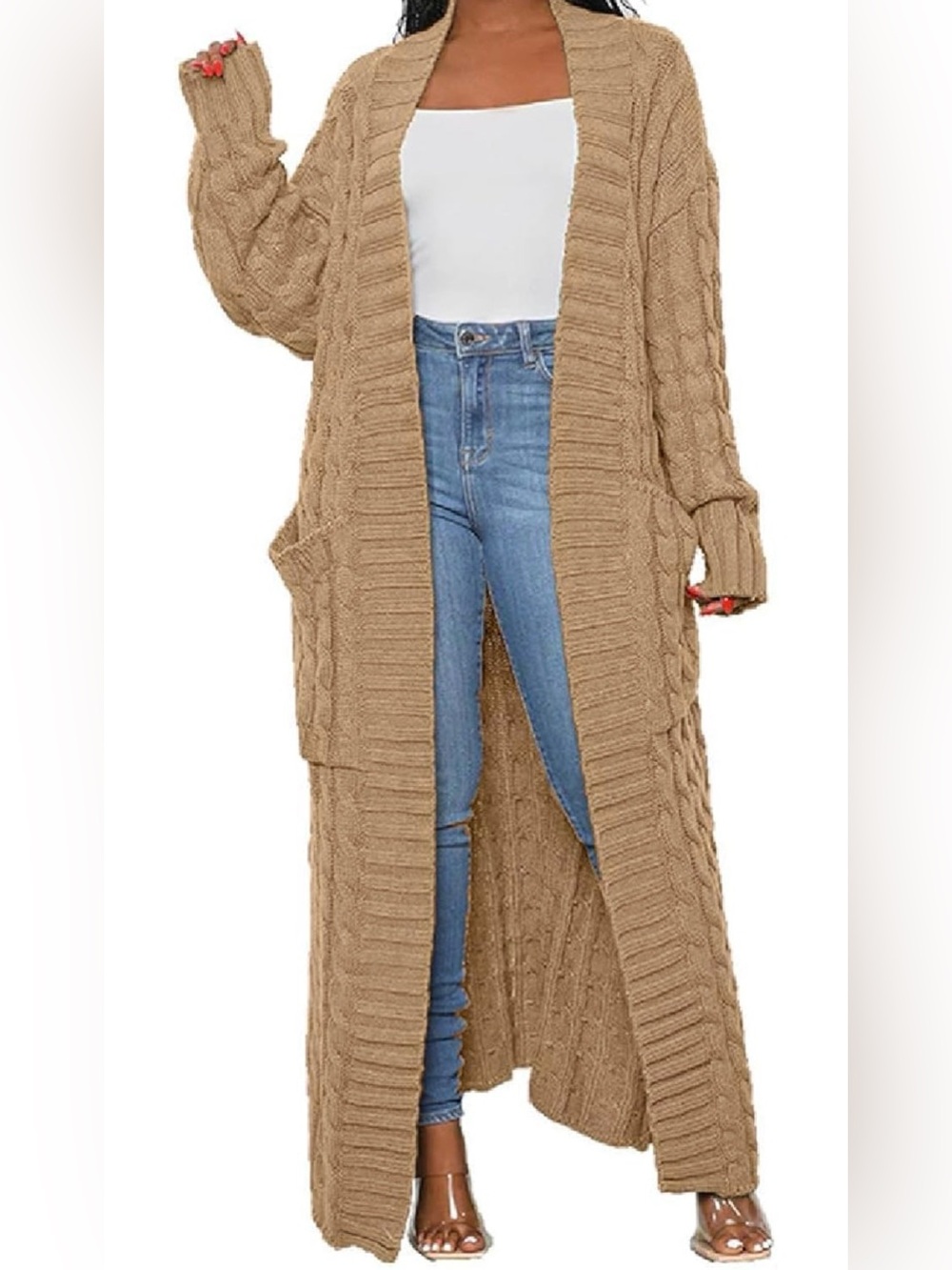 Cozy KhakiLong Cable Knit Cardigan Sweater